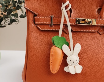 Little rabbit With carrot  Charm, Leather Bag Charm,Cute Rabbit Leather Handbag and Purse Charm, Rabbit Keychain,animial Gift for him