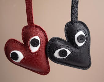 Leather Heart Bag Charm, Handmade Heart with eyes Charm, Cute Heart Leather Handbag/ Purse Charm,Heart Keychain, Leather keychain gift