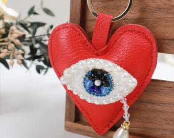 Leather Devil&#39;s Eye Charm,Leather bag Charm,Handmade Cute Heart Leather bag/ Purse Charm,Heart Keychain, Leather keychain gift,grad gift