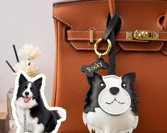 Personalized Border Collie Leather Charm, Leather  Bag Charm, Cute dog Leather Handbag and Purse Charm, dog Keychain,Bag Charm for Handbag