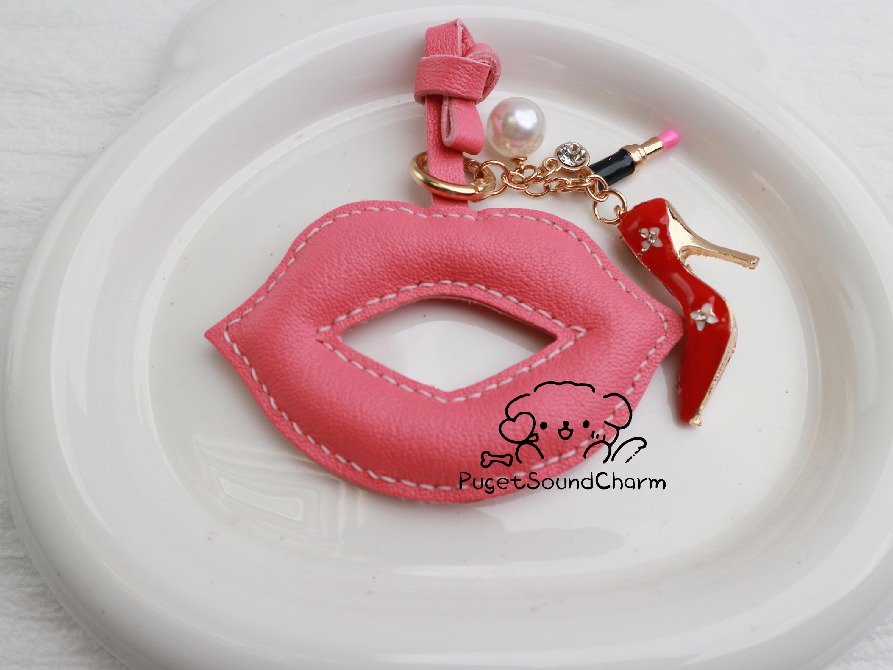 Leather Red Lip Charm,leather Bag Charm,handmade Leather Handbag