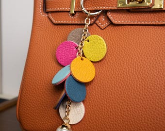 Color tasse Leather Charm, Handmade Leather Bag Charm, Leather Handbag and Purse Charm, Geometric circle Keychain, Bag Charm for Handbag