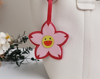 Leather cherry blossom pink Charm, cherry blossom Bag Charm, Cute flower Leather Handbag and Purse Charm,cherry blossom Keychain