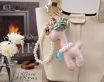 Handmade leather giraffe with pearls charm , leather bag charm, cute Giraffe Keychain,,Car Hanging Accessories,gorgeous Gift For Her