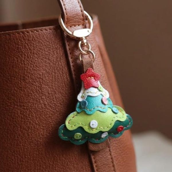 Leather Christmas Tree Charm,Leather Bag Charm,Leather Handbag Purse Charm,Cute Christmas Keychain,Handmade Christmas Gift