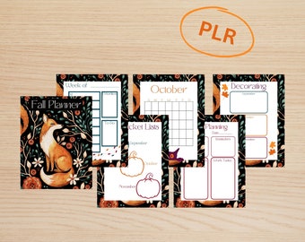 Puede incluir: Un conjunto de páginas de planificación de otoño imprimibles con una ilustración de un zorro, un calendario, listas de tareas y una lista de verificación de decoración. Las páginas están decoradas con ilustraciones de temática otoñal, incluyendo calabazas, hojas y un sombrero de bruja. El texto "PLR" es visible en la imagen.