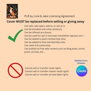 May include: A green checkmark and a red circle with a diagonal line through it. The text reads "PLR by Livie & Jake Licensing Agreement". The text "Cover MUST be replaced before selling or giving away" is in bold. A list of what is allowed and not allowed when using the product is provided. The text "Editable Canva Template" is in the upper right corner. The Canva logo is in the lower right corner.