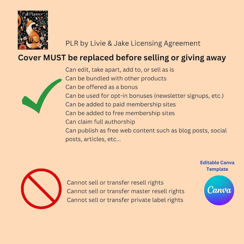 May include: A green checkmark and a red circle with a diagonal line through it. The text reads "PLR by Livie & Jake Licensing Agreement". The text "Cover MUST be replaced before selling or giving away" is in bold. A list of what is allowed and not allowed when using the product is provided. The text "Editable Canva Template" is in the upper right corner. The Canva logo is in the lower right corner.