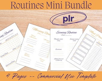 May include: A printable set of four pages with routines and meal planning templates. The pages are white with gold and blue accents. The pages include titles such as "Cleaning Routine", "Morning Routine", "Evening Routine", and "Meal Plan Routine".
