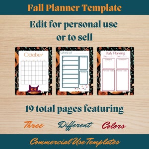 May include: A digital planner template with three different color schemes. The planner includes a monthly calendar page, a weekly planner page, and a daily planner page. The planner features a fall theme with a black cat illustration.