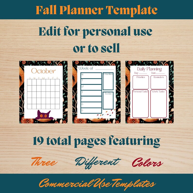 May include: A digital planner template with three different color schemes. The planner includes a monthly calendar page, a weekly planner page, and a daily planner page. The planner features a fall theme with a black cat illustration.