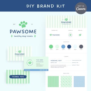 May include: A brand kit in light blue and green, featuring the text "PAWSOME healthy dog treats" and a paw print logo. The kit includes a logo, business card, and thank you card, with the option to edit in Canva.