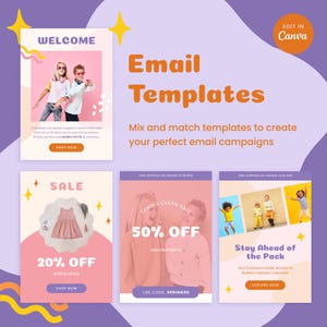 Op de afbeelding: E-mail sjablonen voor online winkels, met kleurrijke ontwerpen en tekst zoals "Welkom", "Sale", "Spring Clean Sale 50% korting" en "Blijf voorop".