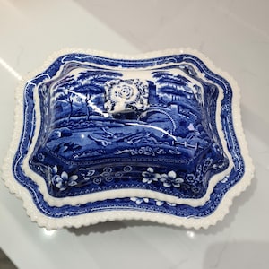 Può includere: Un piatto da portata rettangolare in ceramica con coperchio, caratterizzato da un motivo blu e bianco raffigurante un paesaggio con un ponte, alberi e uccelli. Il coperchio presenta un pomello floreale scolpito e bordi smerlati.