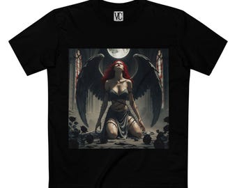 Camiseta Moonbound Seraph, Camiseta Gótica com Estampa de Anjo Caído, Camiseta Unissex de Moda Urbana Fantasia Sombria