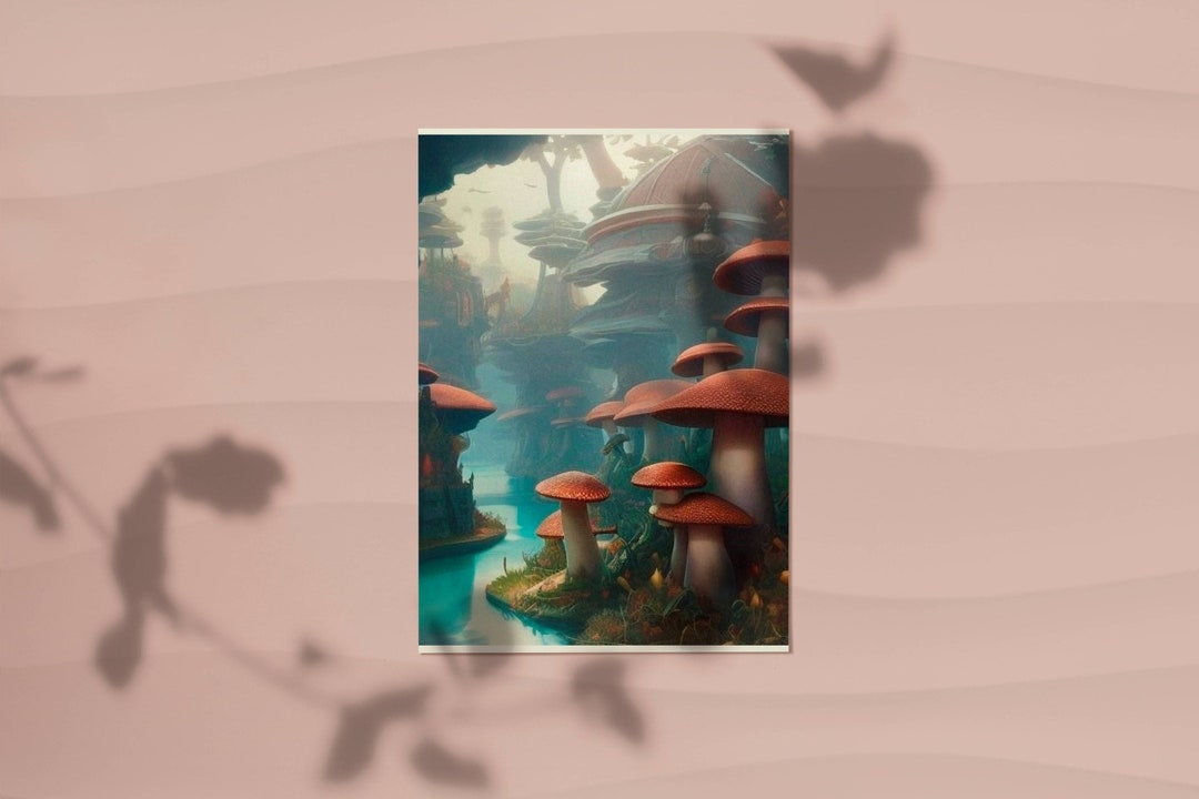 Mushroom Town Art Print, Muchroom City Download Printable Home Decor