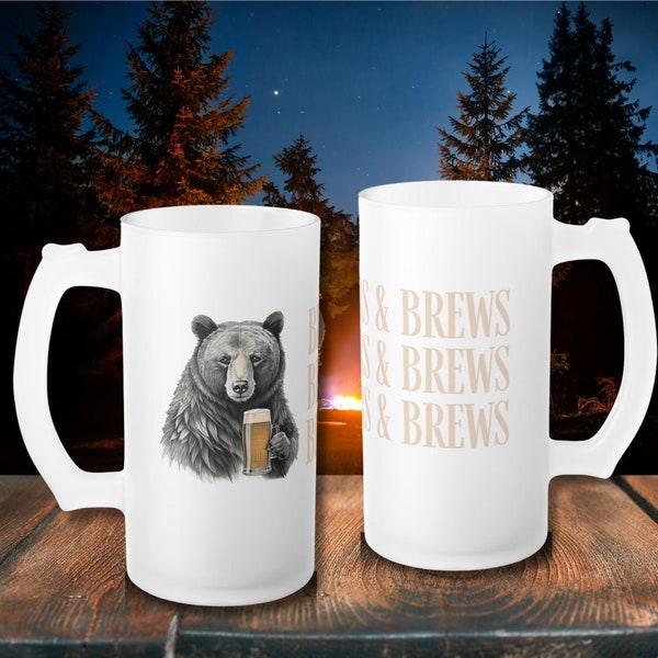 Bear Beer Mug, Bear Beer Glass, Gifts For Beer Lovers Frosted Glass Beer Mug Bear Pint Glass Pub Glass Beer Stein Outdoor Adventure Mug