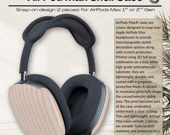 Könnte beinhalten: AirPod Max Shell Case mit Snap-On-Design für AirPods Max 1. oder 2. Generation. Die Hülle hat ein rosa-weiß gestreiftes Muster auf den Ohrmuscheln. Der Text auf dem Bild lautet "AirPod Max Shell Case".
