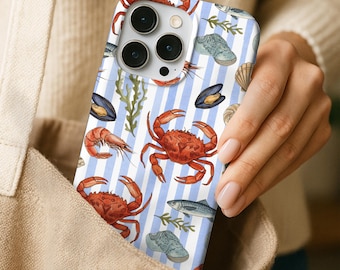 Nautische schicke Handyhülle mit Krabben und Meerestieren | Coastal Marine Life Stripes (Flexi Case)
