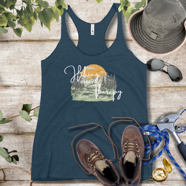 Hiking Is My Therapy Tank Top Adventure T-shirt Women's Graphic Tank Racerback Empowering Outdoor Apparel Gift for Hiking Enthusiasts