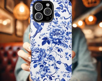 Custodia per iPhone Chinoiserie con motivo floreale blu MagSafe®: guscio resistente con motivo uccelli di Delft