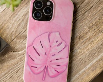 Funda biodegradable para teléfono con diseño de hoja de monstera rosa: diseño botánico ecológico.
