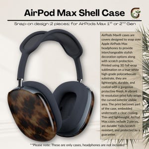 Może przedstawiać: Etui AirPod Max z zatrzaskiem do AirPods Max 1. lub 2. generacji. Etui ma wzór skorupy żółwia na nausznikach oraz ciemnoszary pałąk i poduszki na uszy. Tekst na zdjęciu brzmi "AirPod Max Shell Case".