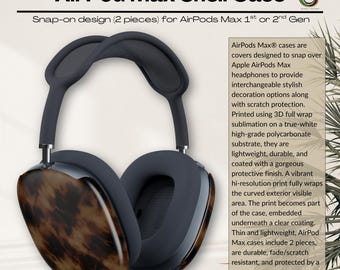 Könnte beinhalten: AirPod Max Shell Case mit Snap-On-Design für AirPods Max 1. oder 2. Generation. Die Hülle hat ein Schildpattmuster auf den Ohrmuscheln und ein dunkelgraues Kopfband und Ohrpolster. Der Text auf dem Bild lautet "AirPod Max Shell Case".