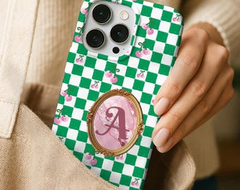 Grün Checker Cherry Monogramm robuste Telefonhülle | Personalisierte Initial iPhone Hülle | Adrette Kokette
