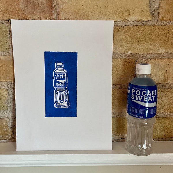 Pocari sweat linocut print art (blue and white print, ion supply drink, snack art)