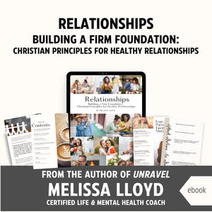 May include: An ebook titled "Relationships: Building a Firm Foundation: Christian Principles for Healthy Relationships" is displayed on a tablet. The cover features a collage of images. Additional pages and text are visible.