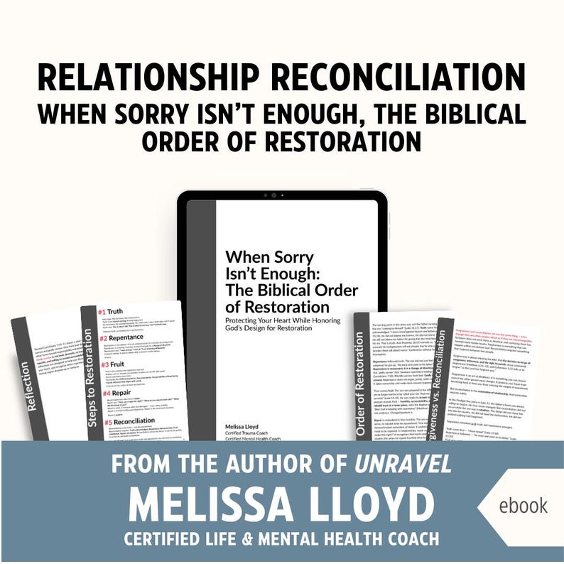 May include: An ebook cover and related materials are displayed. The title reads "When Sorry Isn't Enough: The Biblical Order of Restoration." Additional text includes "From the author of Unravel, Melissa Lloyd, Certified Life & Mental Health Coach."