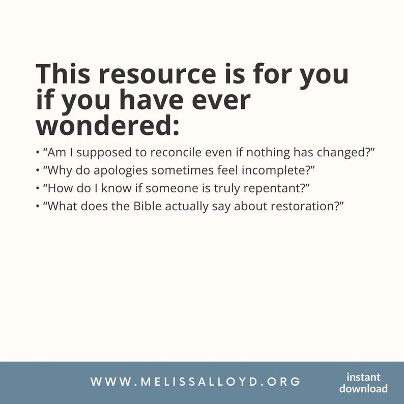 May include: White background with black text. The text reads: "This resource is for you if you have ever wondered:" followed by four questions about reconciliation and the Bible. The website address is at the bottom.