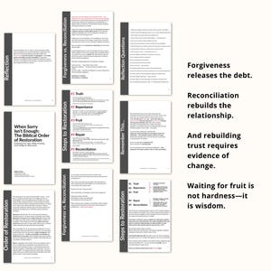 May include: A collection of printed pages with text on a white background. The pages are titled with phrases like "Reflection," "Forgiveness vs. Reconciliation," and "Steps to Restoration." Text on the right side reads, "Forgiveness releases the debt."