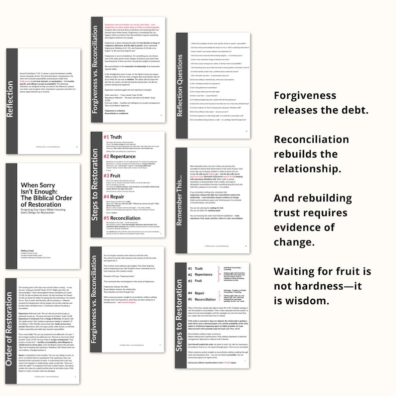 May include: A collection of printed pages with text on a white background. The pages are titled with phrases like "Reflection," "Forgiveness vs. Reconciliation," and "Steps to Restoration." Text on the right side reads, "Forgiveness releases the debt."