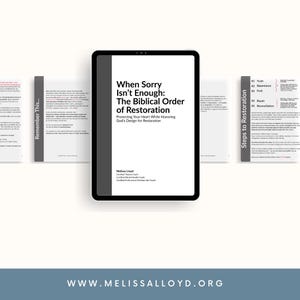 May include: A black tablet displays the title "When Sorry Isn't Enough: The Biblical Order of Restoration." Supporting materials include a booklet labeled "Remember This..." and a card titled "Steps to Restoration."