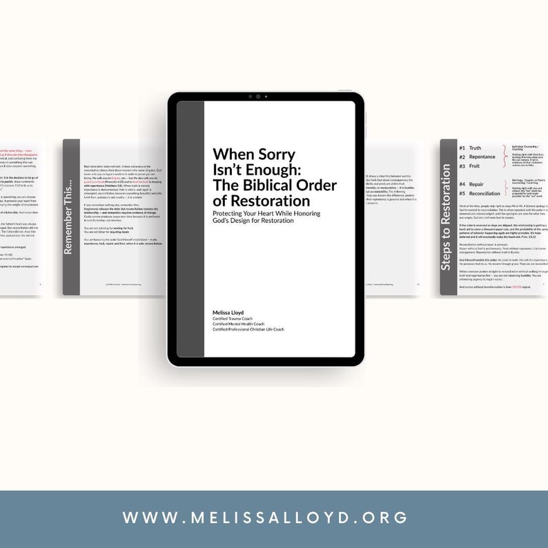 May include: A black tablet displays the title "When Sorry Isn't Enough: The Biblical Order of Restoration." Supporting materials include a booklet labeled "Remember This..." and a card titled "Steps to Restoration."