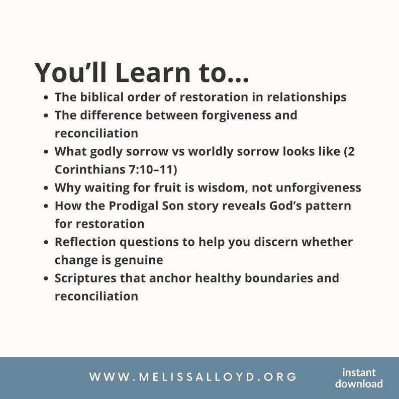 May include: White and teal graphic with the text "You'll Learn to..." followed by bullet points about relationships, forgiveness, and reconciliation. The website address www.melissalloyd.org is at the bottom, along with "instant download."