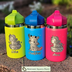 Dual-Engraved Personalized Hydro Flask Kids Water Bottle, Unicorn or Dragon designs