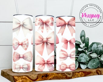 Bicchiere Coquette: acciaio inossidabile da 20 once, fiocchi rosa, con cannuccia