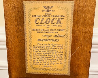 New England Clock Company Antique Label on Clock Back Board