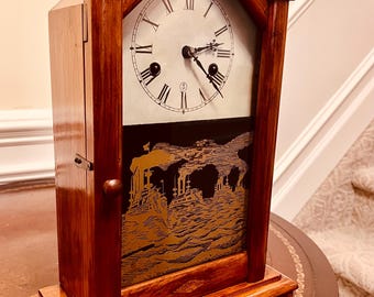 Antique New Haven (circa 1900) “Great White Fleet Panel Glass” 30 Hour Gothic Cabinet Clock