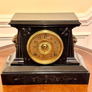Antique Ansonia Heavy Iron Mantle Clock with Gilded/Gold Tone Metal Face