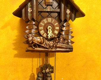 Petite Vintage Anton Schneider Black Forest Cuckoo Clock – One-Day Weight Driven Chalet Clock with Woodcutter / Horse Logging Scene