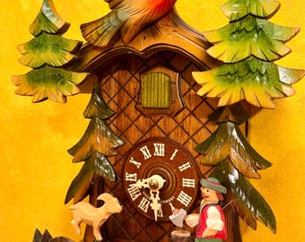 Vintage Hubert Herr Black Forest VDS Certified 1-Day Animated Cuckoo Clock with Moving Goat/Ram & Chopping Lumberjack