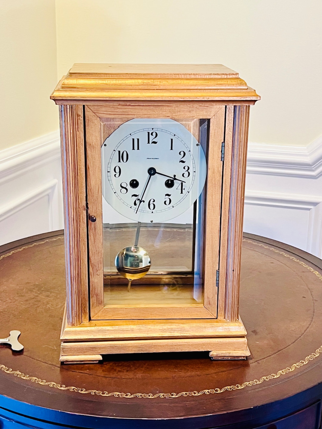 Vintage Mason and Sullivan Gilt Distress Painted and Glass Case Clock