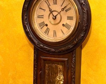 Antique Takano Japanese Schoolhouse Regulator Drop Clock – 8 Day Time & Strike, Carved Case, Original Interior Label