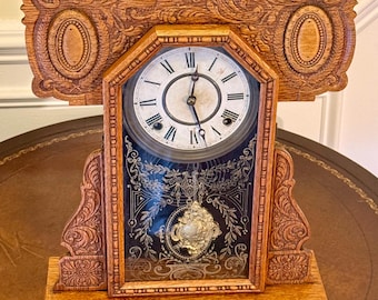 Antique E. Ingraham “Old Dominion” Eastlake Oak Kitchen / Gingerbread Clock — 8-Day Time & Strike, Circa 1900