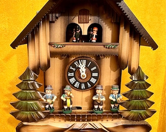 Vintage 1991 Huber & Co. Pforzheim Animated Musical Black Forest Chalet Cuckoo Clock with Original Box –1-Day Movement – Swiss Cuendet Music
