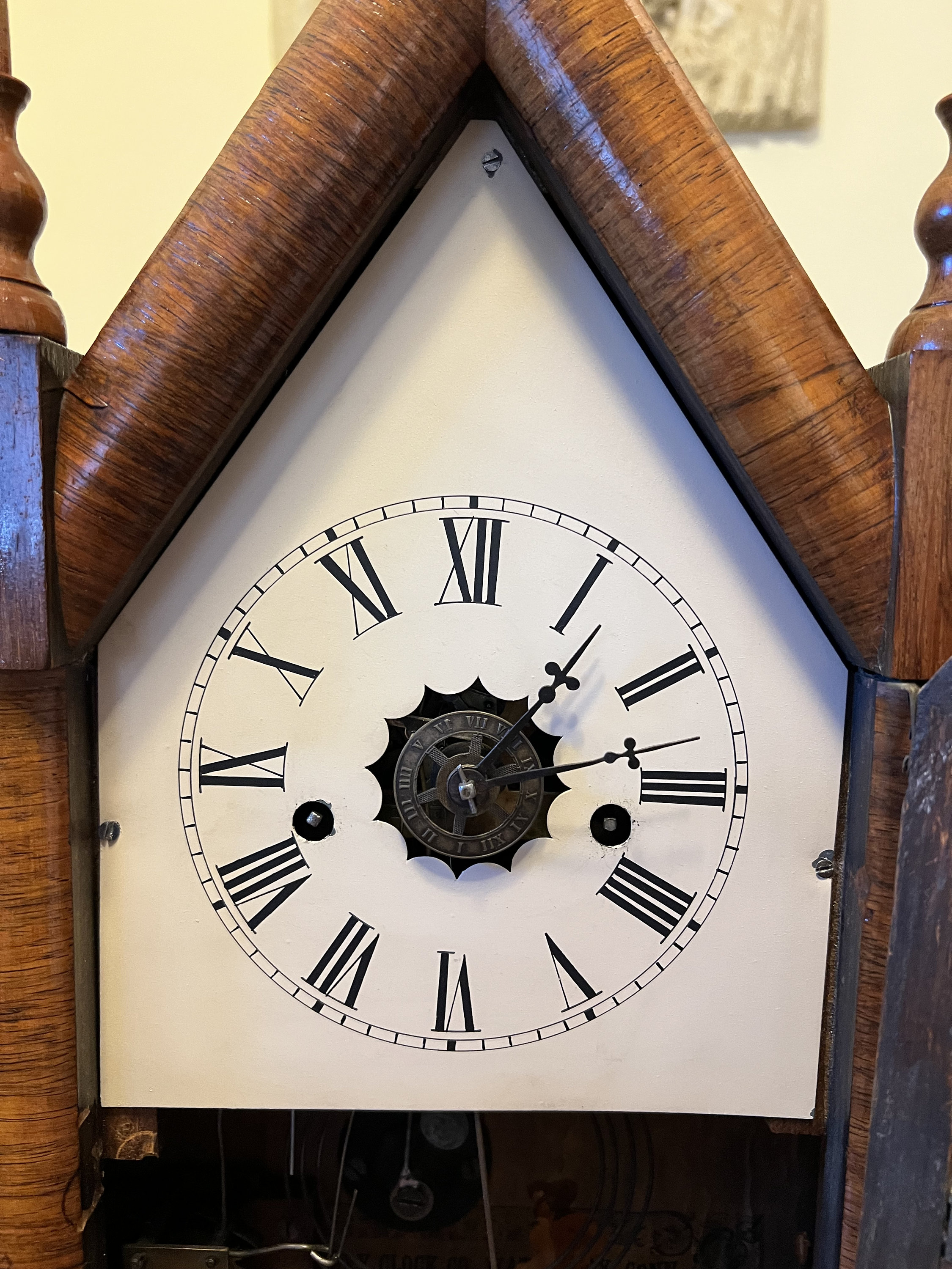 Antique Waterbury Steeple Clock With Reverse Painted Image of Washington Rock NJ now a State